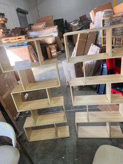 5-Tier Geometric Bookcase (Set of 2), 62.6" Tall S-Shaped Bookshelf Modern Oak Freestanding Display Shelving Unit