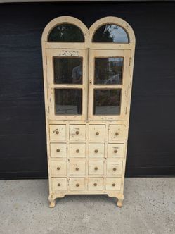 Distressed Cream Apothecary Display Cabinet with Drawers