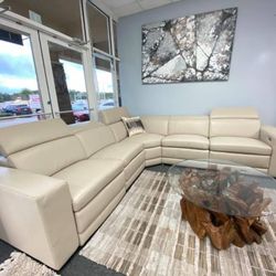 Genuine Leather Power Reclining Sectional With Adjustable Headrest 