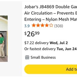 Jobar’s JB4869 Double Garage Screen Door – Nylon Mesh Material – Black