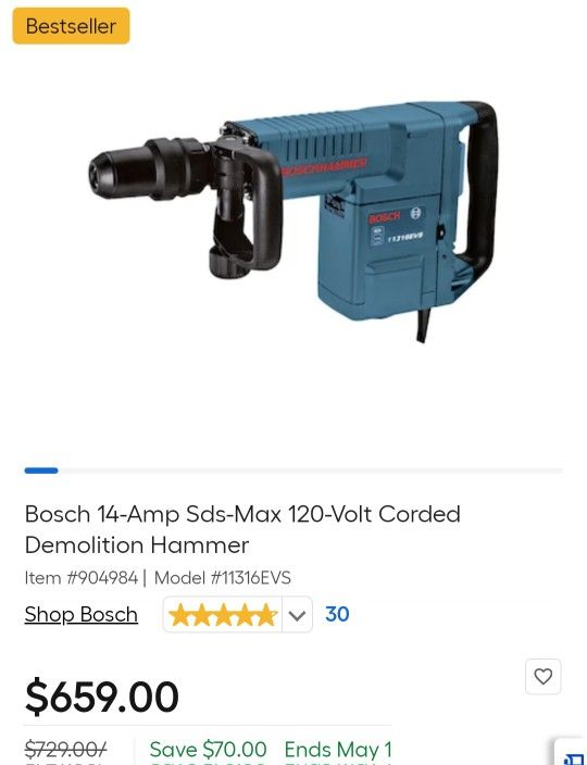 
Bosch 14-Amp Sds-Max 120-Volt Corded Demolition Hammer Item #904984 Model #11316EVS
 