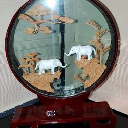 Vintage Chinese Cork Carving White Elephant Diorama Shadow Box With Red Lacquer Wooden Base 1970s