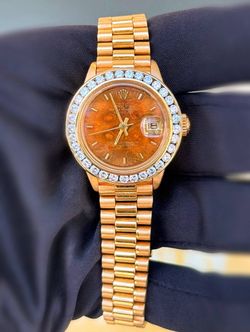 Vintage Rolex DateJust President 26 26mm Yellow Gold Rare Factory Wood Dial Ladies Watch 6917 Natural Diamond custom bezel