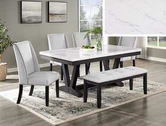 1319-6P Bench- Vance Faux Marble Dining Table Set Wings