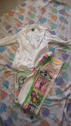 White Button-Up Shirt and Hand-Painted Jeans Set