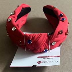 Twig & Arrow Women Rhinestone Embellished Red Jeweled Headband Wide Top Knot New