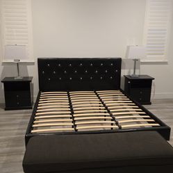 Cal King Bed Frame, Night Stands, and Lamps
