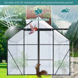 8X6FT-Black Double Door Polycarbonate Greenhouse Raised Base and Anchor Aluminum Heavy Duty Walk-in Greenhouses for Outdoor Backyard in All Season