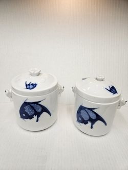 Misty Rose Super White China Asian Blue Koi Fish Tea Jar set