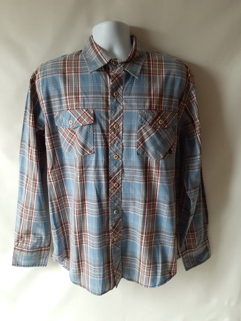 Timberland men's blue/beige plaid long-sleeve button-down shirt size L