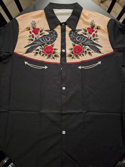 Mens Crows And Roses Button Up Shirt Country Rockabilly Punk Size Large Double Sided