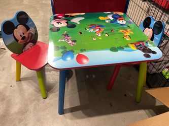 Delta Children Disney Mickey Mouse table and chair set features vibrant character graphics and includes a built-in storage compartment in the center