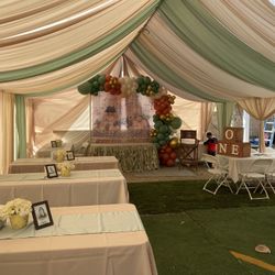 Draping——tent——-chairs—-tables——backdrops——balloongarland——