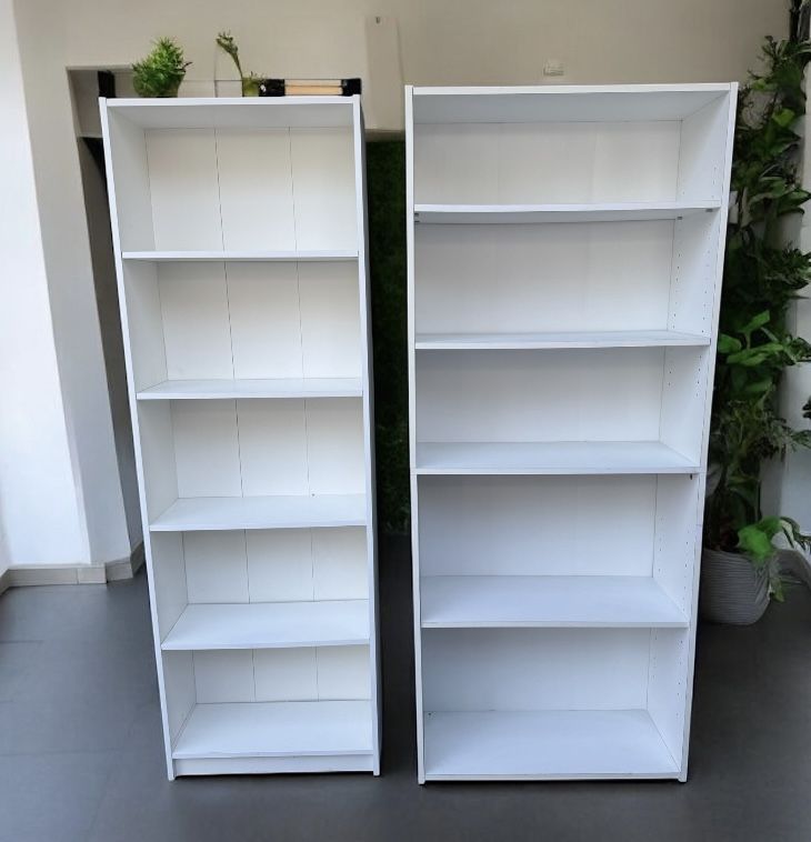  White large 5-layer bookcase $75, medium 5-layer bookcase $50,