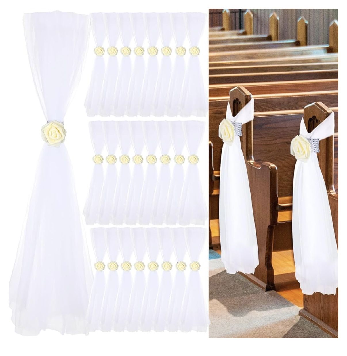 22 Set Wedding Pew Bows Wedding Aisle Decorations 31.5 Inch with Artificial Rose Flowers for Church Chair Bench Pew Aisle Decor