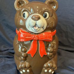 Vintage Japanese Teddy Bear Cookie Jar With Red Bow