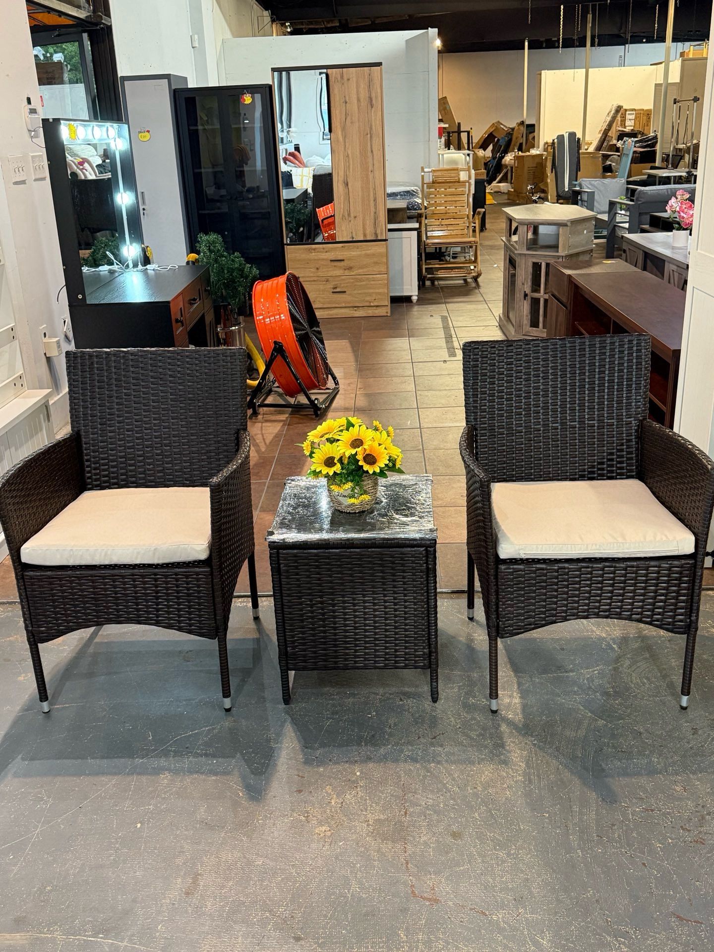 🔥Set of 3🔥Patio Porch Furniture Set, Outdoor PE Rattan Wicker Conversation Set with Soft Cushions, Glass Coffee Table & 2 Chairs for Garden,Deck,Cou