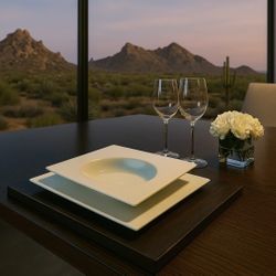 Ligne Roset Luxury Dining Set – Moon by Jean-Marc Gady, Rad’O Ebony Oak Chargers – Pristine, Boxed