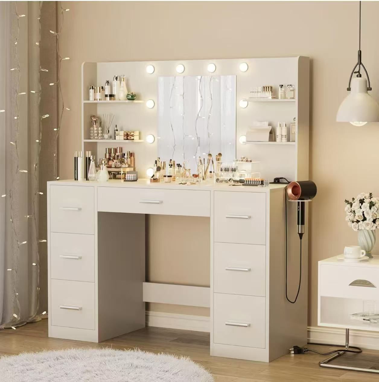 Vanity Desk with Mirror, LED Lights and Power makeup (White) $160