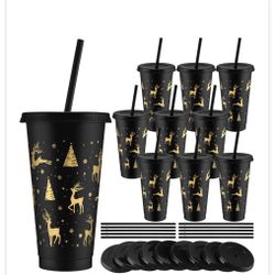 Sliner 10 Pcs Black Christmas Plastic Cups With Lid And Straw 24oz Reusable Christmas Plastic Cups Thick Xmas Party Drinking Tumblers For Iced Coffee 