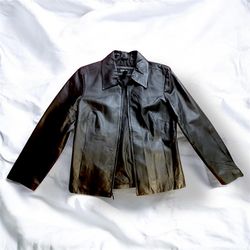 Women Black Genuine Leather Full Zip Jacket Size M