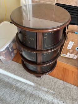 Round Wood End Table w/ Glass Top, 3 Drawers