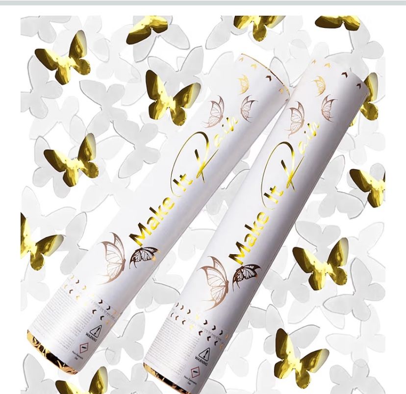 White Confetti Cannon Party Poppers - Butterfly Shaped Confetti Poppers - 2 Pack - Paper Party Cannon Shooters Gun for Wedding, Bridal Shower, Birthda