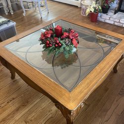 SOLID OAK  DOUBLE PANE BEVELED GLASS COFFEE TABLE