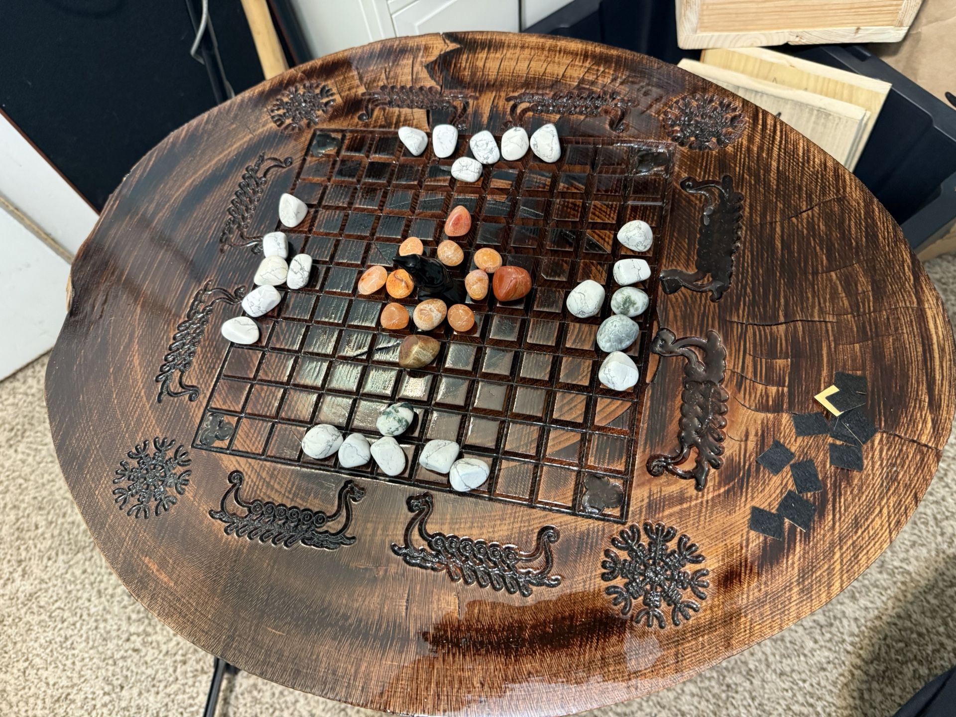 Large Live Edge Hnefatafl Board On Table