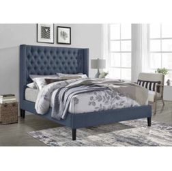 Blue Full Tufted Linen Bed Frame