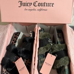 Juicy Couture Women’s Siren Fuzzy Slides. Leopard & Camo 