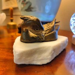 Bronze Swimming Duck Sculpture and White Marble Base