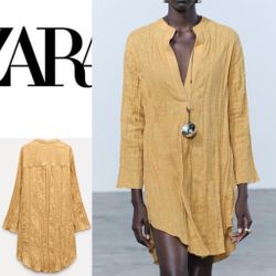 ZARA NWT Mustard yellow PLEATED LINEN BLEND TUNIC DRESS ZW COLLECTION