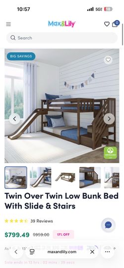 Twin double bunk bed with slide and stairs