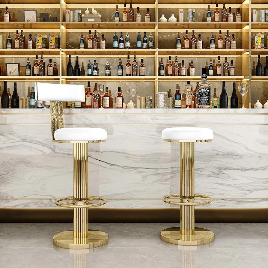 FUNROLUX Counter Height Bar Stools with Back, Modern Adjustable Height Barstools Swivel Bar Chairs with Polished Gold Stainless Steel Legs and  Set 4