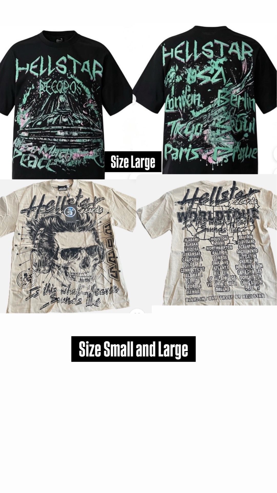 I only have large for the black Hill star shirt and for the white one I have small and large