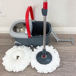 (New) $25 Spin Mop System with Wheels & Handle, Include 2pcs Replacement microfiber mops