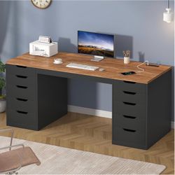 Black & Brown Computer Desk with 10 Drawers