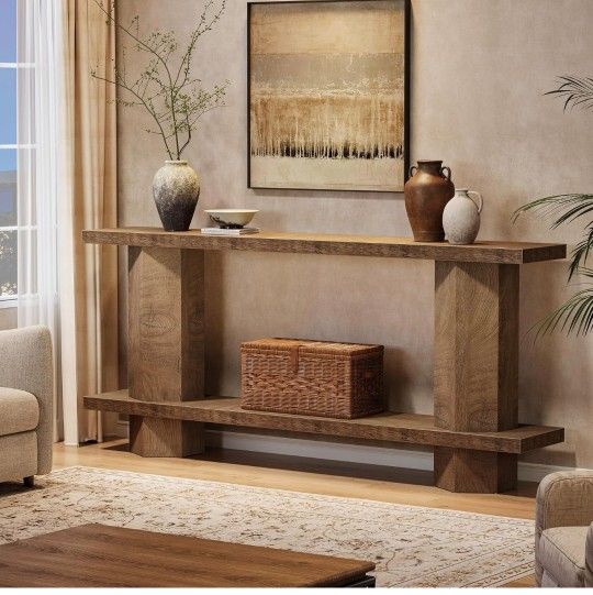 71-Inch Long Console Table for Entryway, Wooden Sofa Table Behind Couch, for Living Room, Hallway, Foyer, Burlywood
