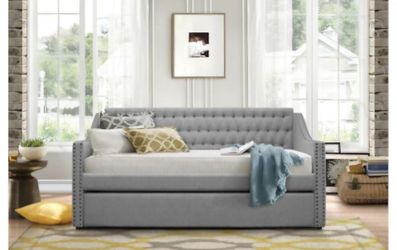 Grey Fabric Twin Upholstered Daybed with pull Out Twin