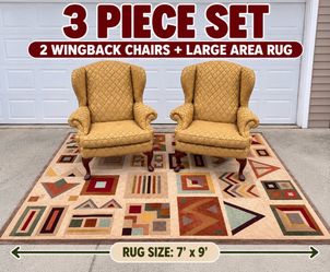 Matching Wingback Chairs (2) + Large 7x9 Area Rug – 3 Piece Set