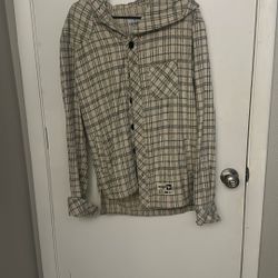 men's hooded flannel shirt in an off-white and blue plaid pattern