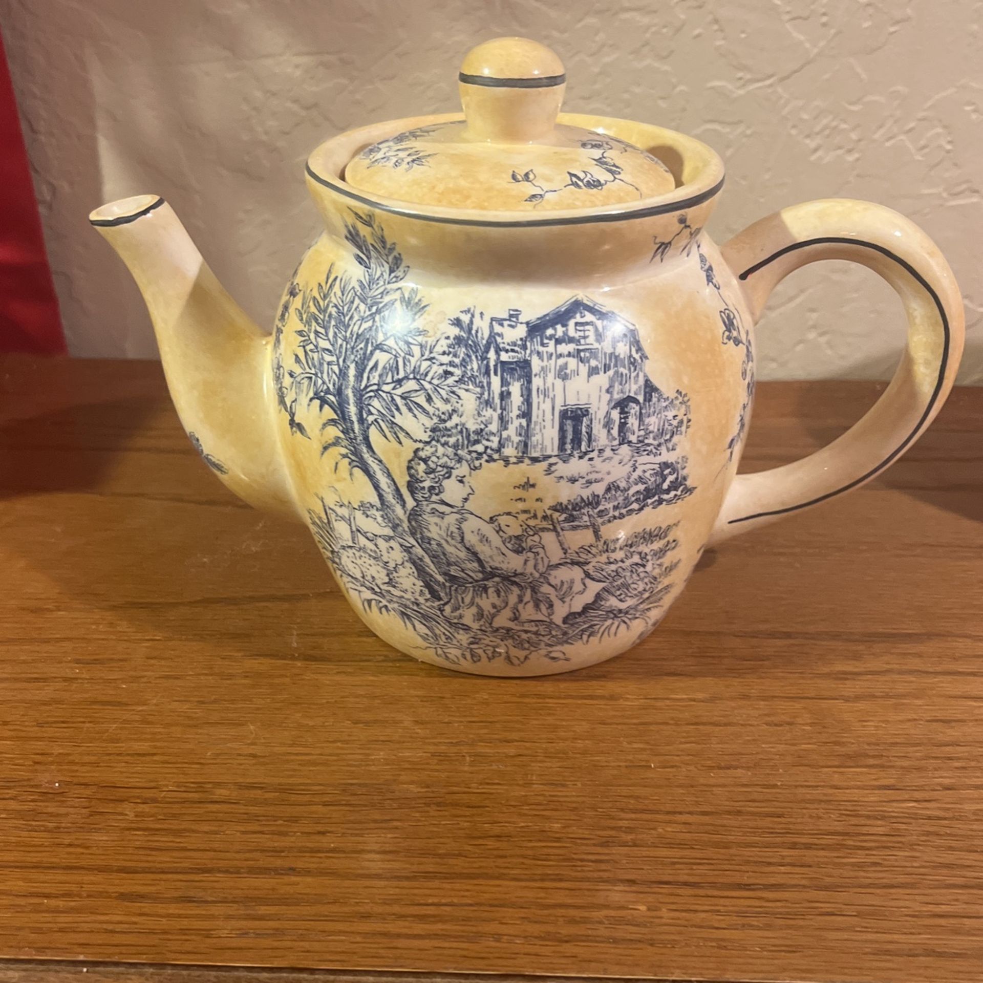 Vintage Blue and Yellow Floral Toile China Covered Teapot