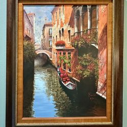 The painting depicts a classic Venetian canal scene, a favorite subject of the artist. Fiore is noted for his masterful use of light and shadow, parti