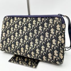 Christian Dior Clutch Bag Trotter Beige Navy Canvas Y2K Vintage 