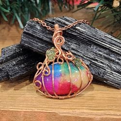 Copper Wire Wrapped Rainbow Quartz Pumpkin Pendant