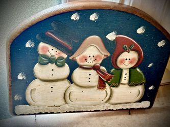Vintage hand painted Wooden Snowman Plaque With Hooks 