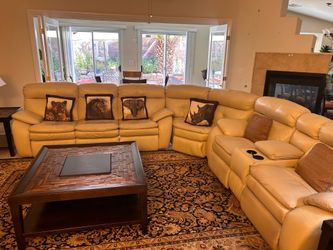 Cream Leather Sectional Sofa with 4 Recliners