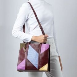 Fossil Carmen Shopper Tote Satchel Crossbody Bag Wine Leather Patchwork 12x11