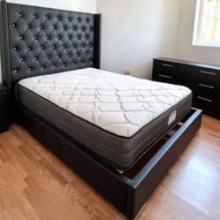 QUEEN Size Bed Frame With Mattress New LEATHER Headboard Tuffted BED Frame MATTRESS INCLUDED 